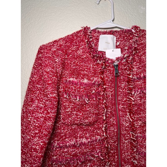 MNG Mango Womens Red White Zip Up Tweed Jacket Raw Fringe Trim Size L - Picture 7 of 11